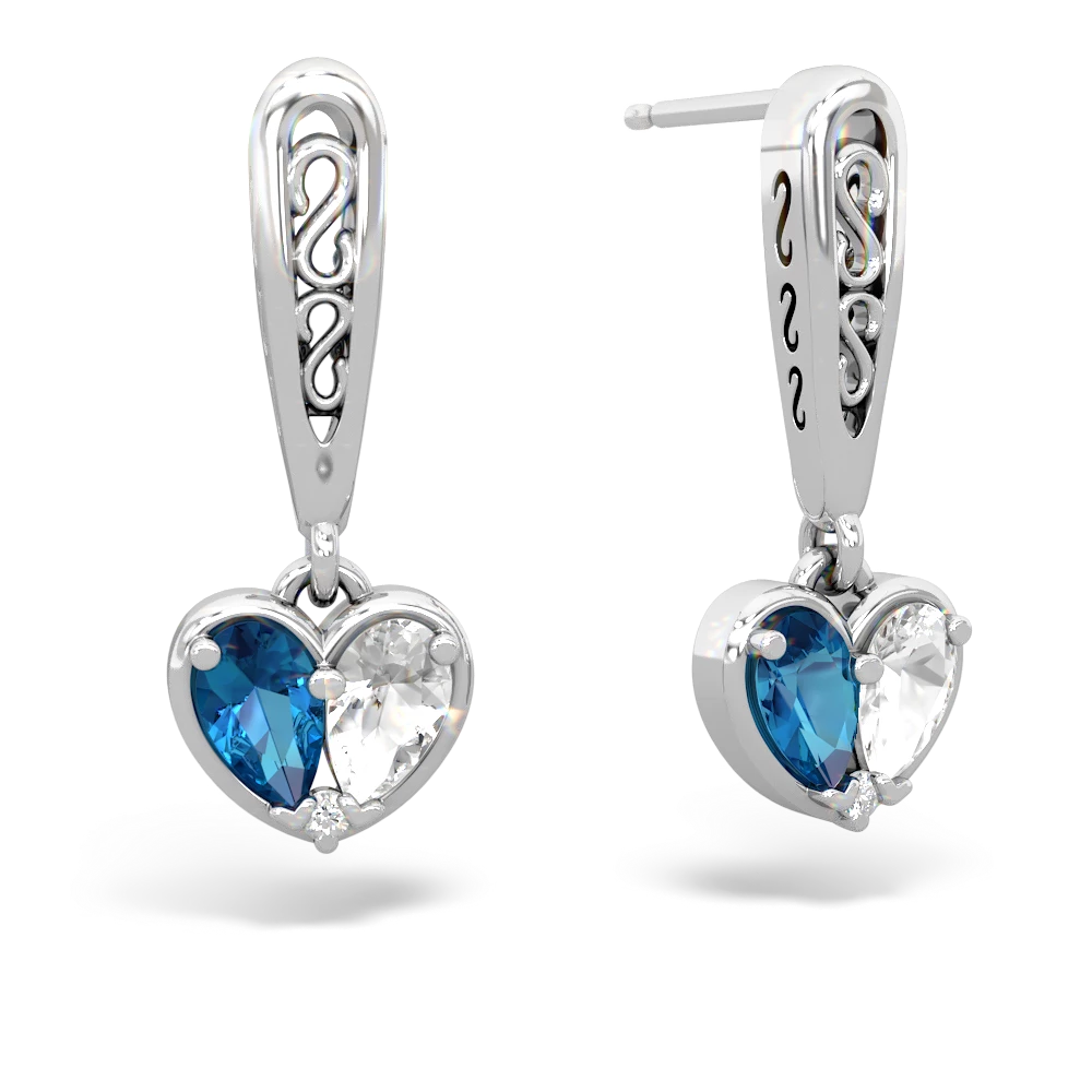 London Topaz Filligree Heart 14K White Gold earrings E5070