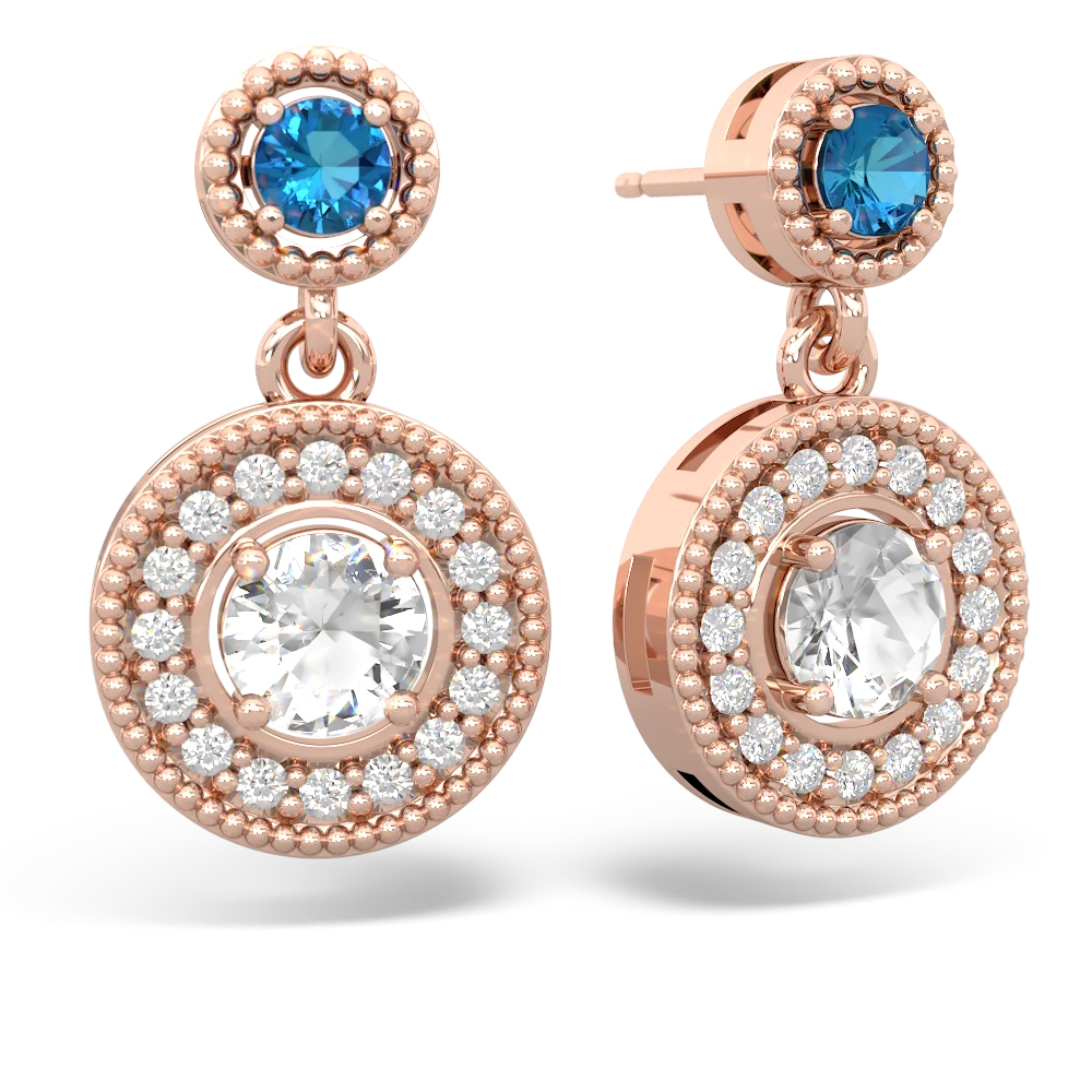 London Topaz Halo Dangle 14K Rose Gold earrings E5319