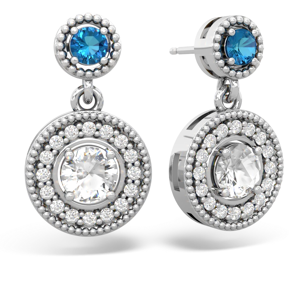 London Topaz Halo Dangle 14K White Gold earrings E5319