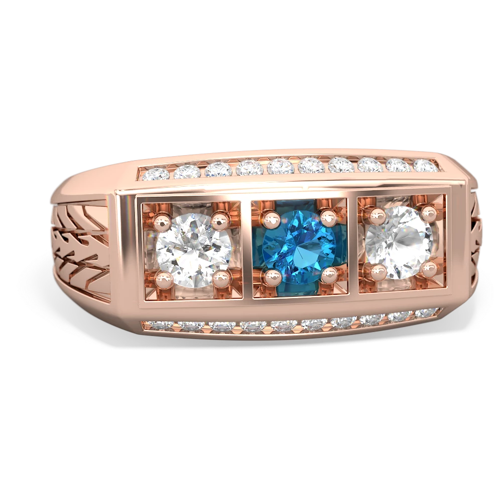 London Topaz Three Stone Tire Tread Men's 14K Rose Gold ring R0520