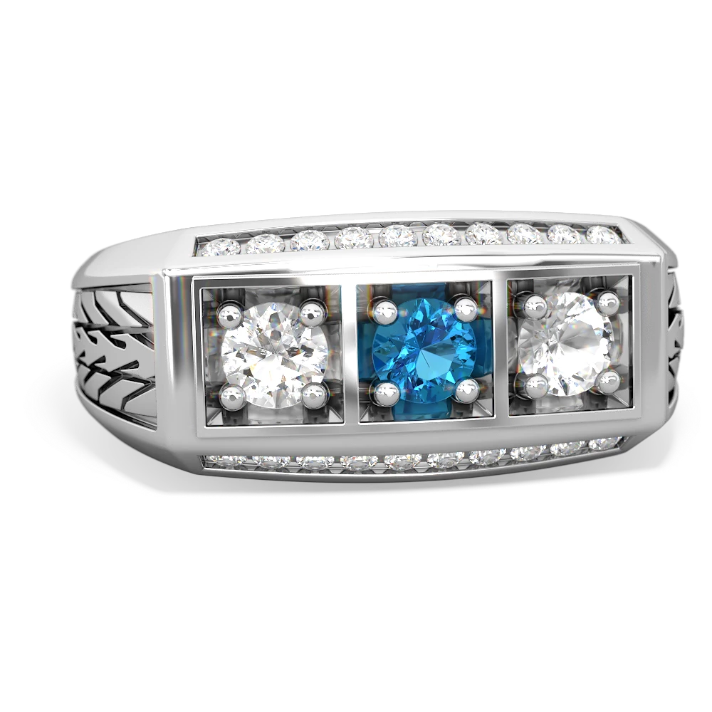 London Topaz Three Stone Tire Tread Men's 14K White Gold ring R0520