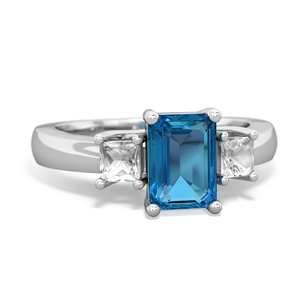 London Topaz Three Stone Emerald-Cut Trellis 14K White Gold ring R4021