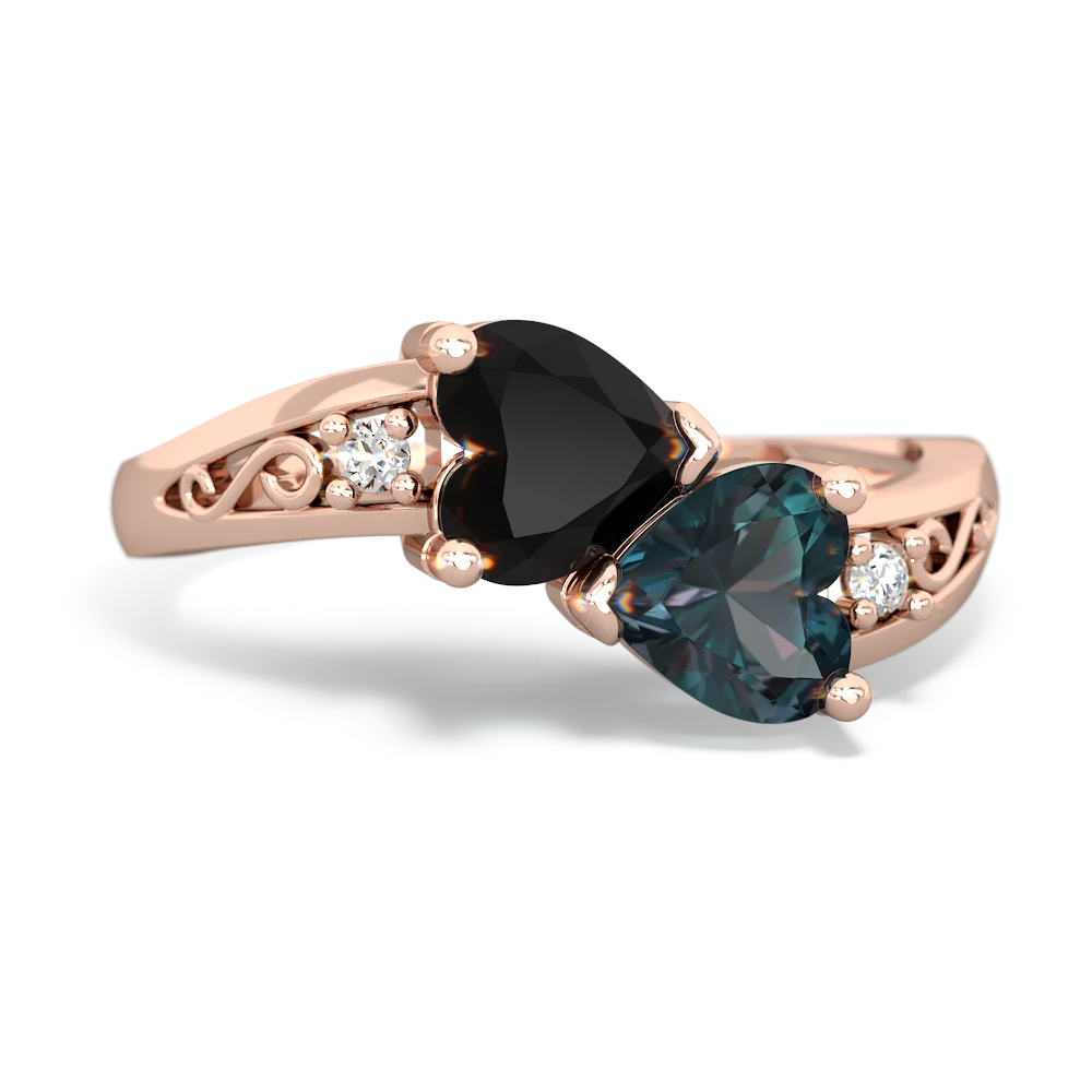 Onyx Snuggling Hearts 14K Rose Gold ring R2178