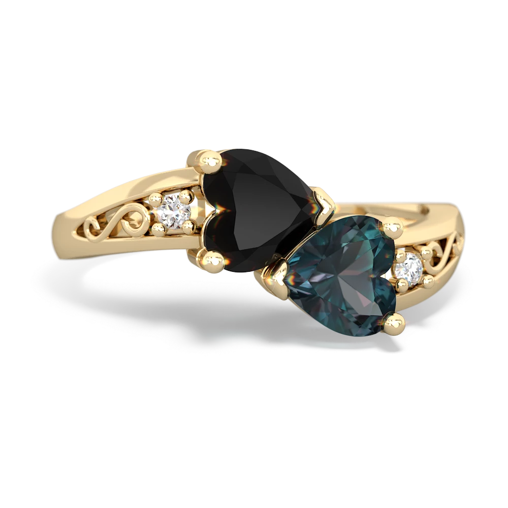 Onyx Snuggling Hearts 14K Yellow Gold ring R2178