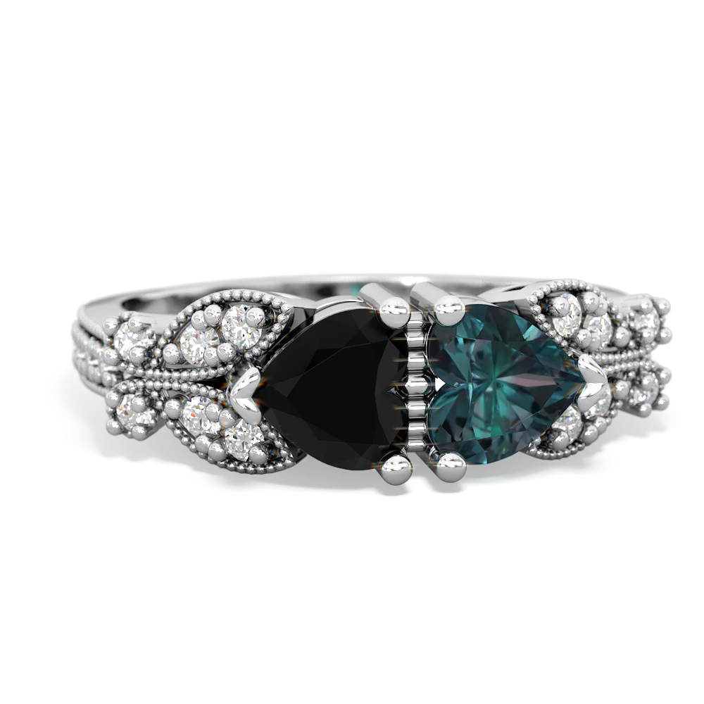 Onyx Diamond Butterflies 14K White Gold ring R5601