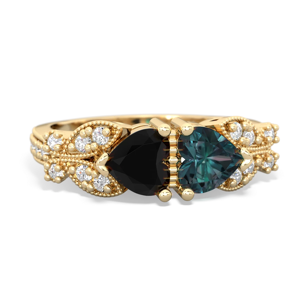 Onyx Diamond Butterflies 14K Yellow Gold ring R5601