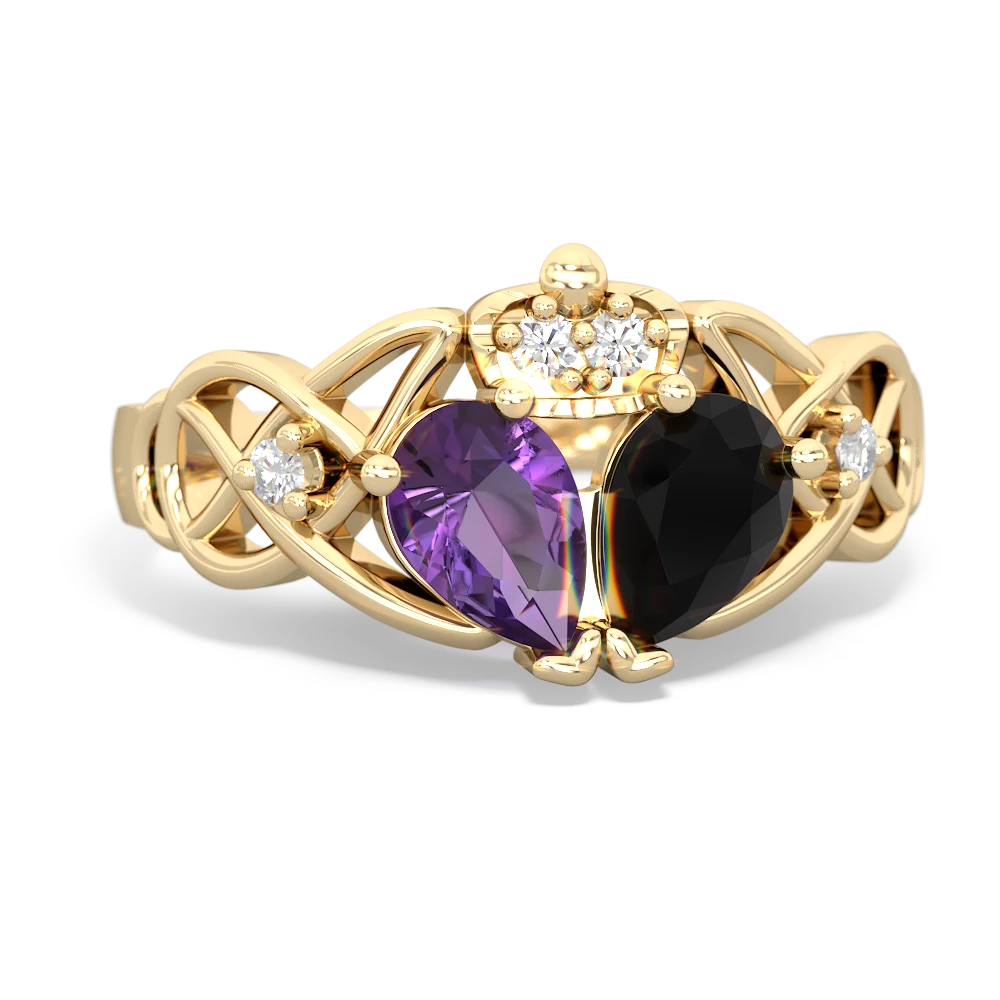 Onyx 'One Heart' Celtic Knot Claddagh 14K Yellow Gold ring R5322