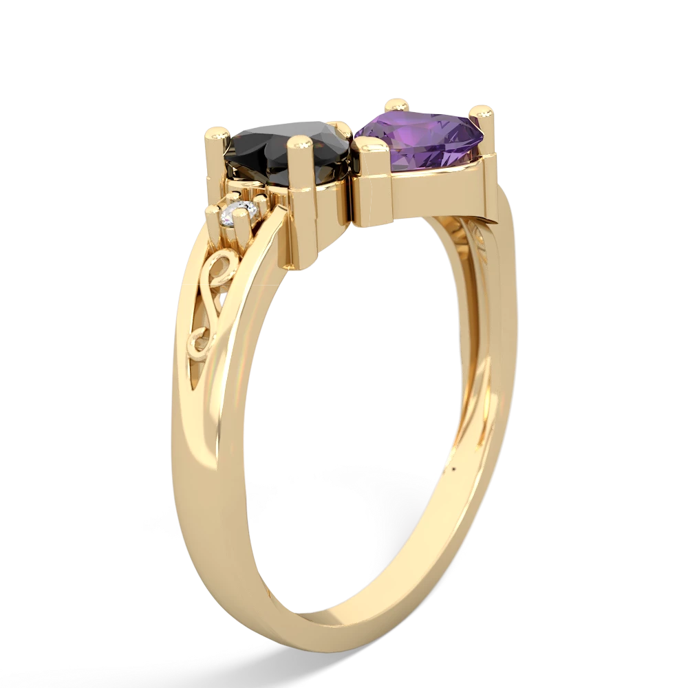 Onyx Snuggling Hearts 14K Yellow Gold ring R2178