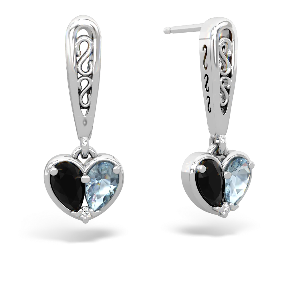 Onyx Filligree Heart 14K White Gold earrings E5070