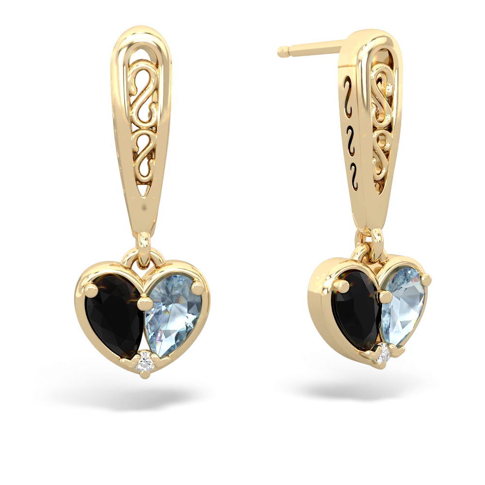 Onyx Filligree Heart 14K Yellow Gold earrings E5070