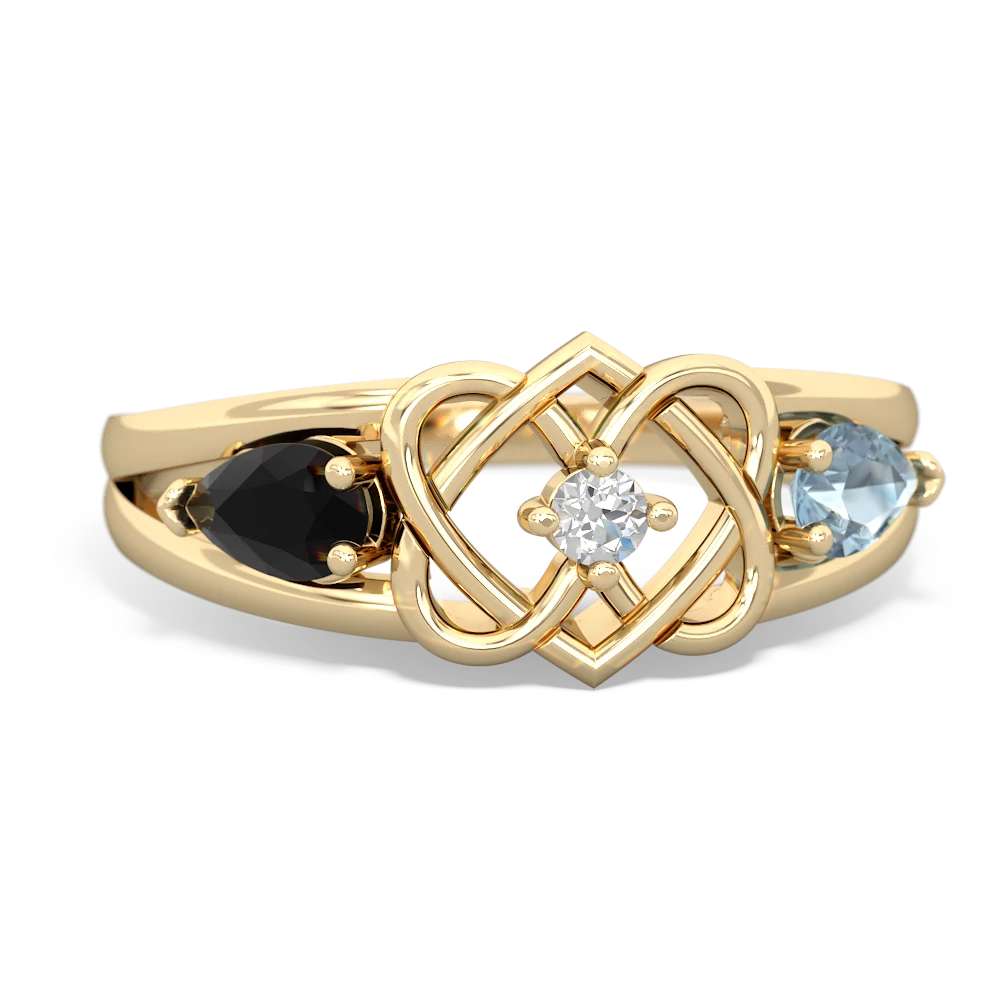 Onyx Hearts Intertwined 14K Yellow Gold ring R5880