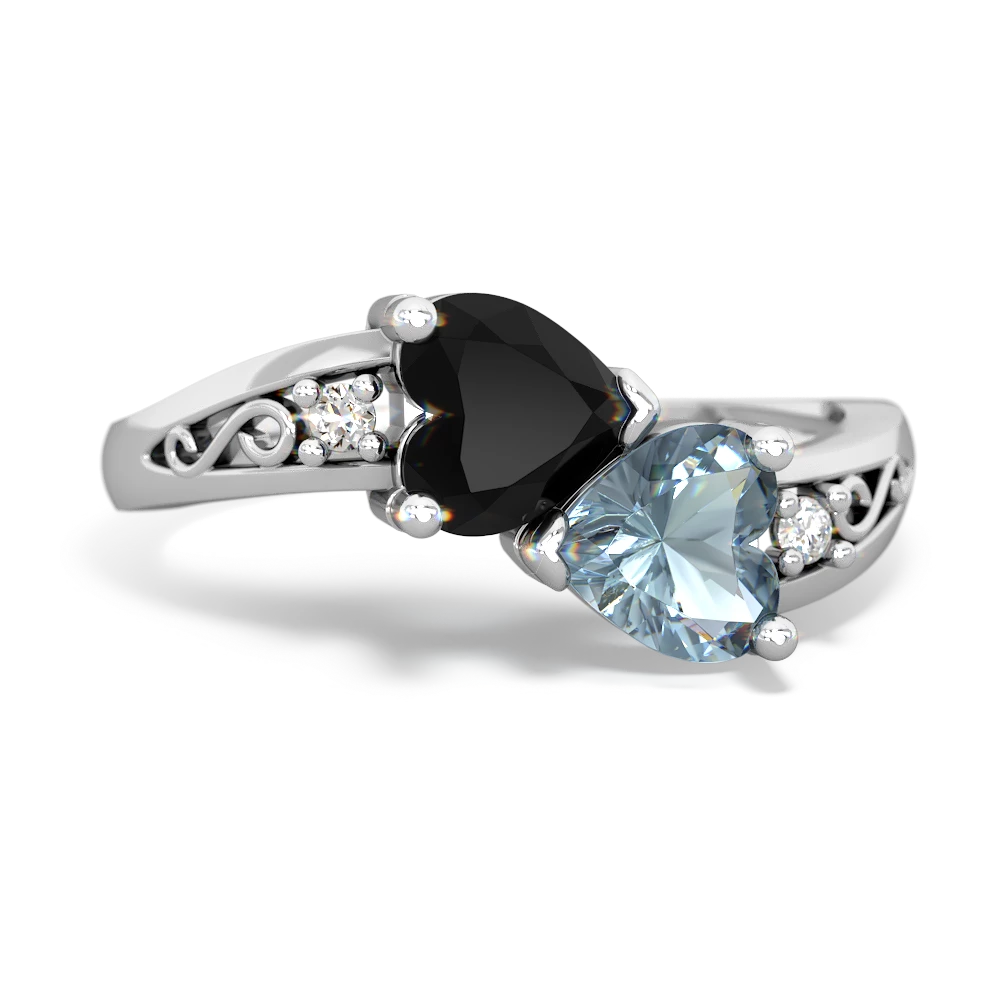 Onyx Snuggling Hearts 14K White Gold ring R2178