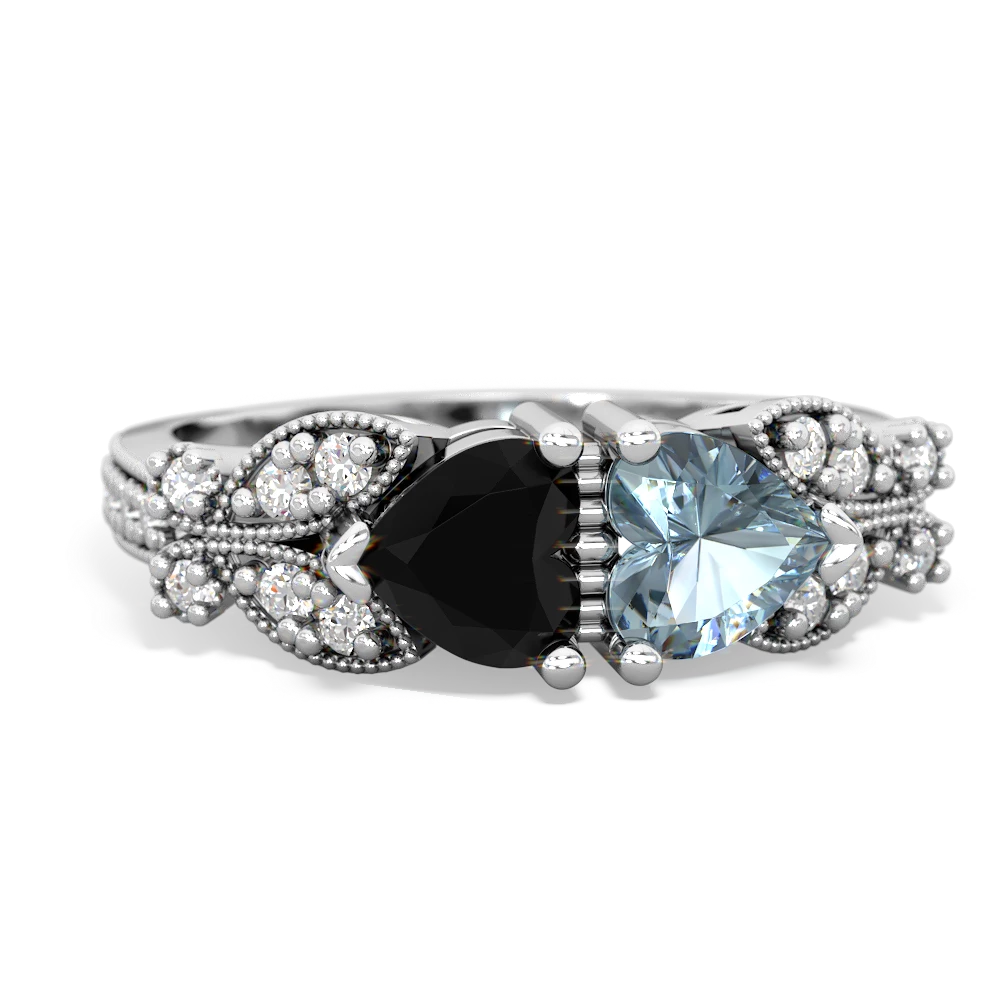 Onyx Diamond Butterflies 14K White Gold ring R5601