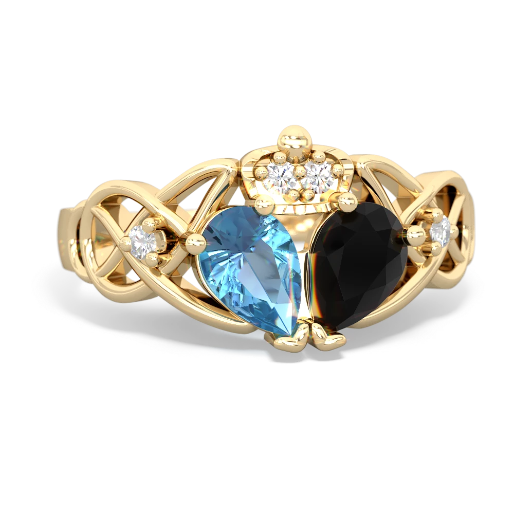 Onyx 'One Heart' Celtic Knot Claddagh 14K Yellow Gold ring R5322