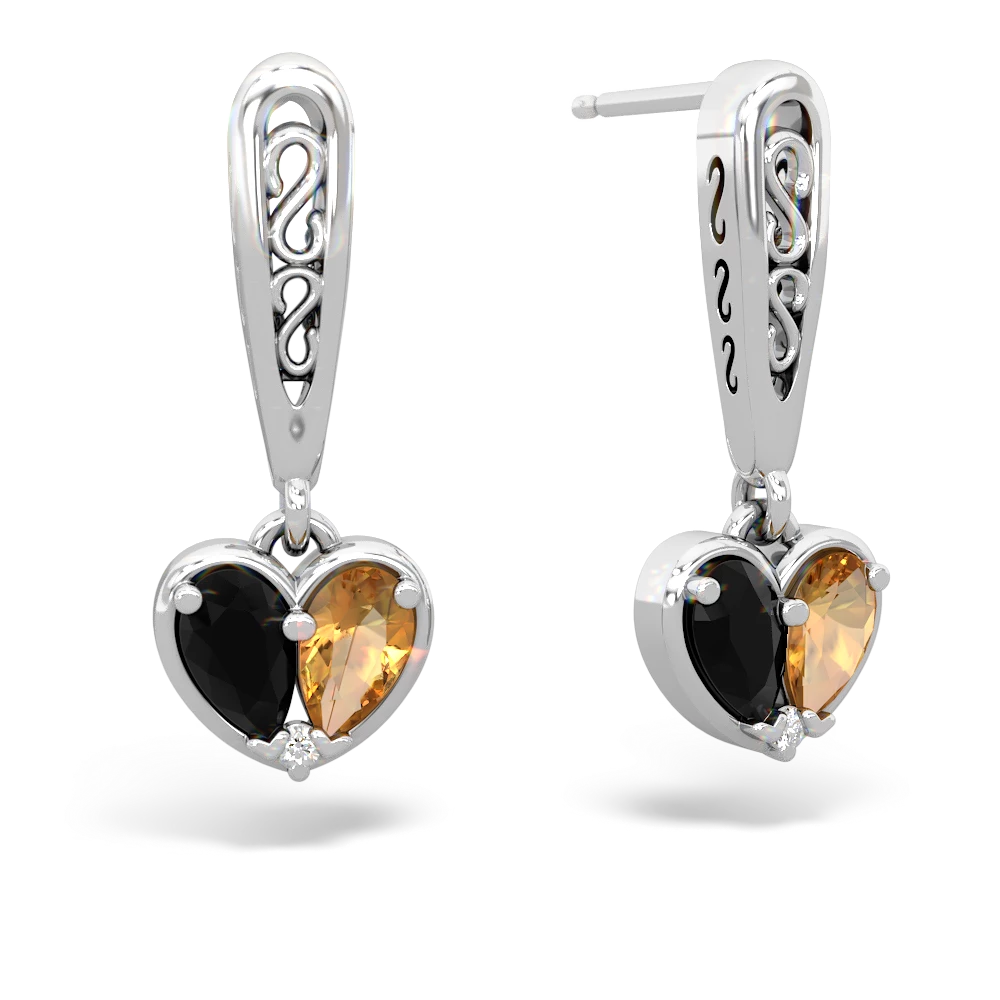 Onyx Filligree Heart 14K White Gold earrings E5070