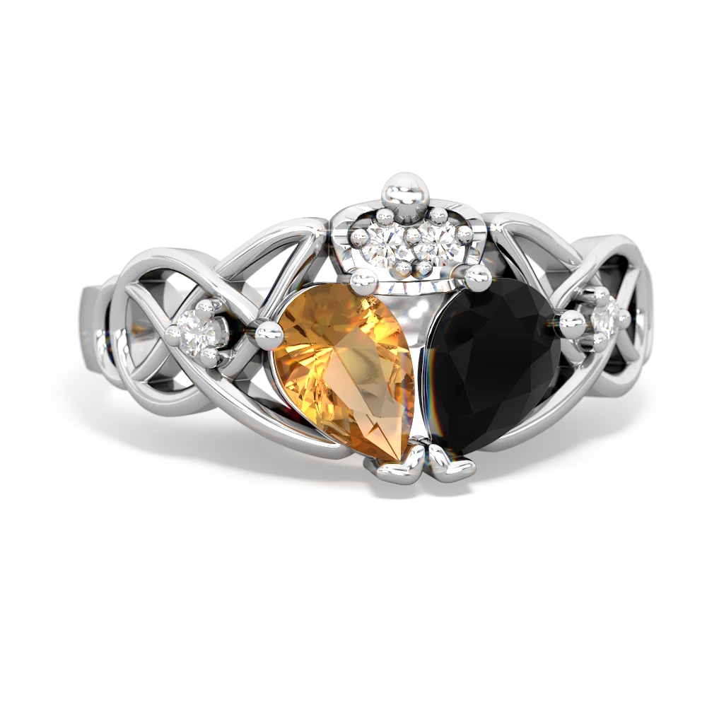 Onyx 'One Heart' Celtic Knot Claddagh 14K White Gold ring R5322