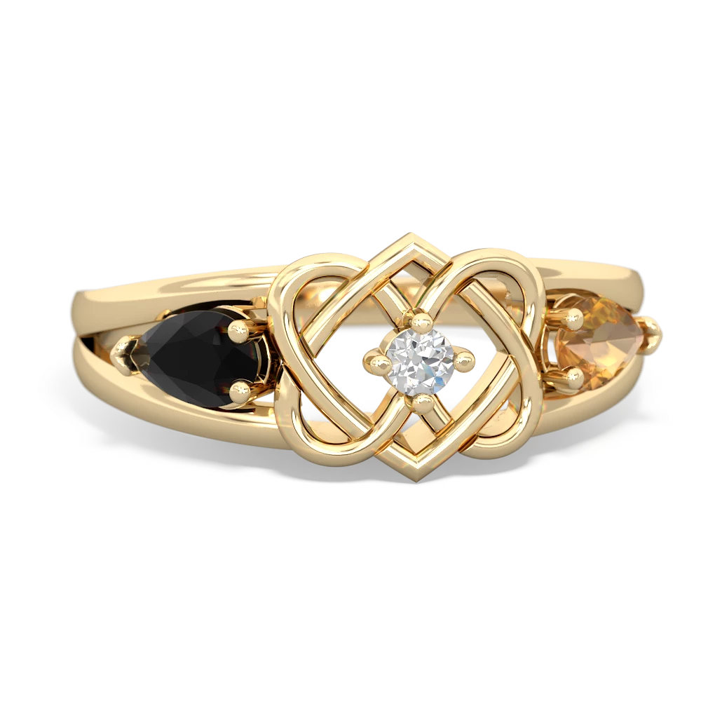 Onyx Hearts Intertwined 14K Yellow Gold ring R5880