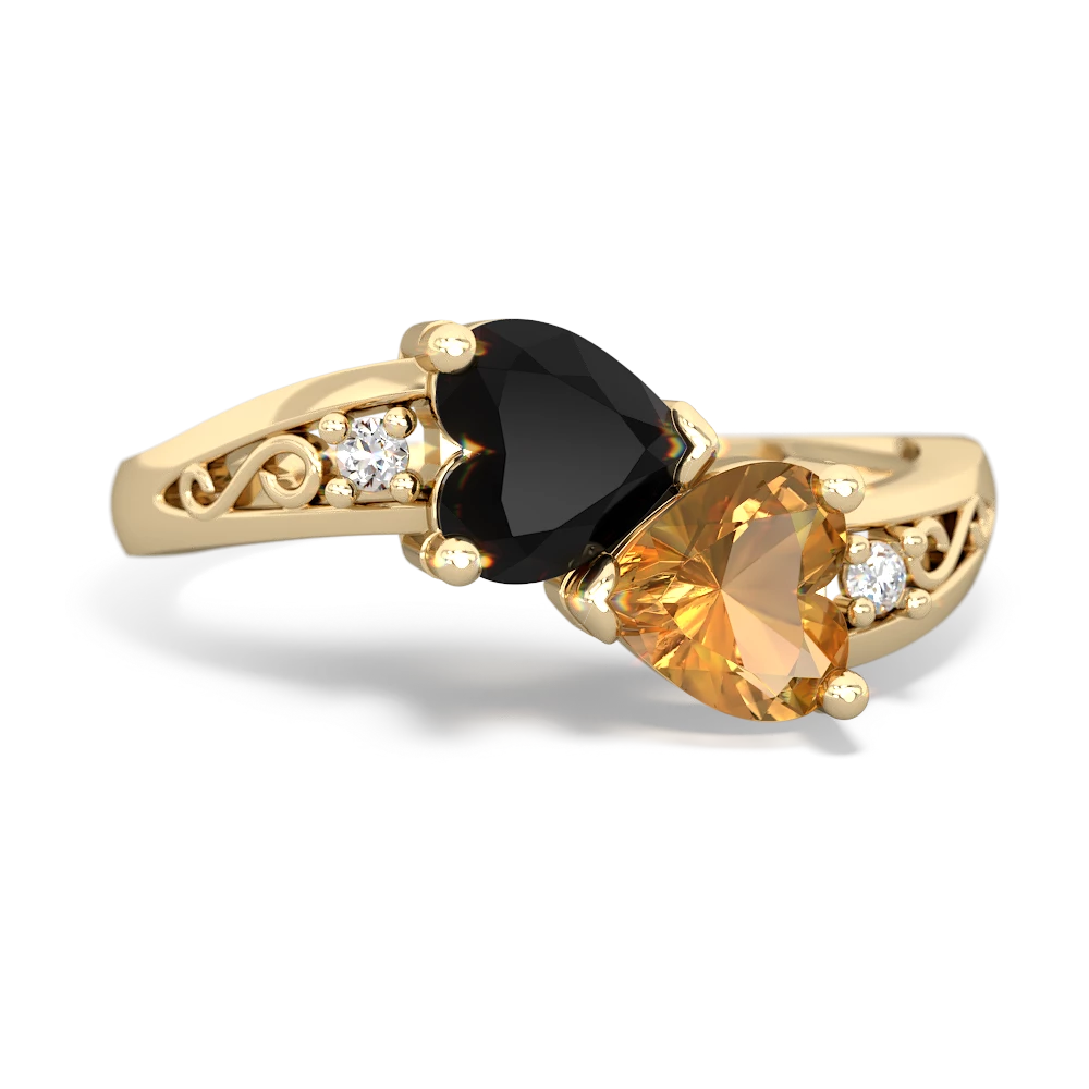 Onyx Snuggling Hearts 14K Yellow Gold ring R2178