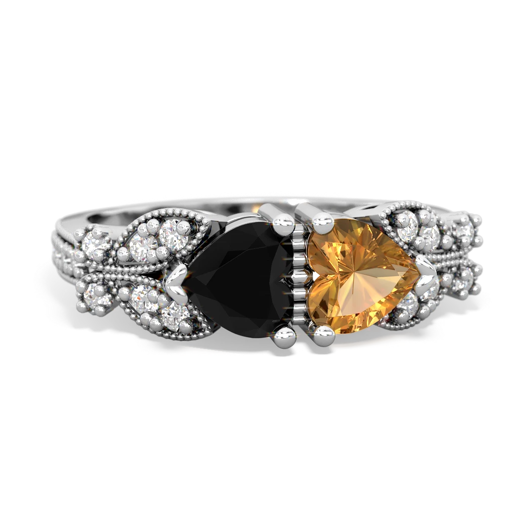 Onyx Diamond Butterflies 14K White Gold ring R5601