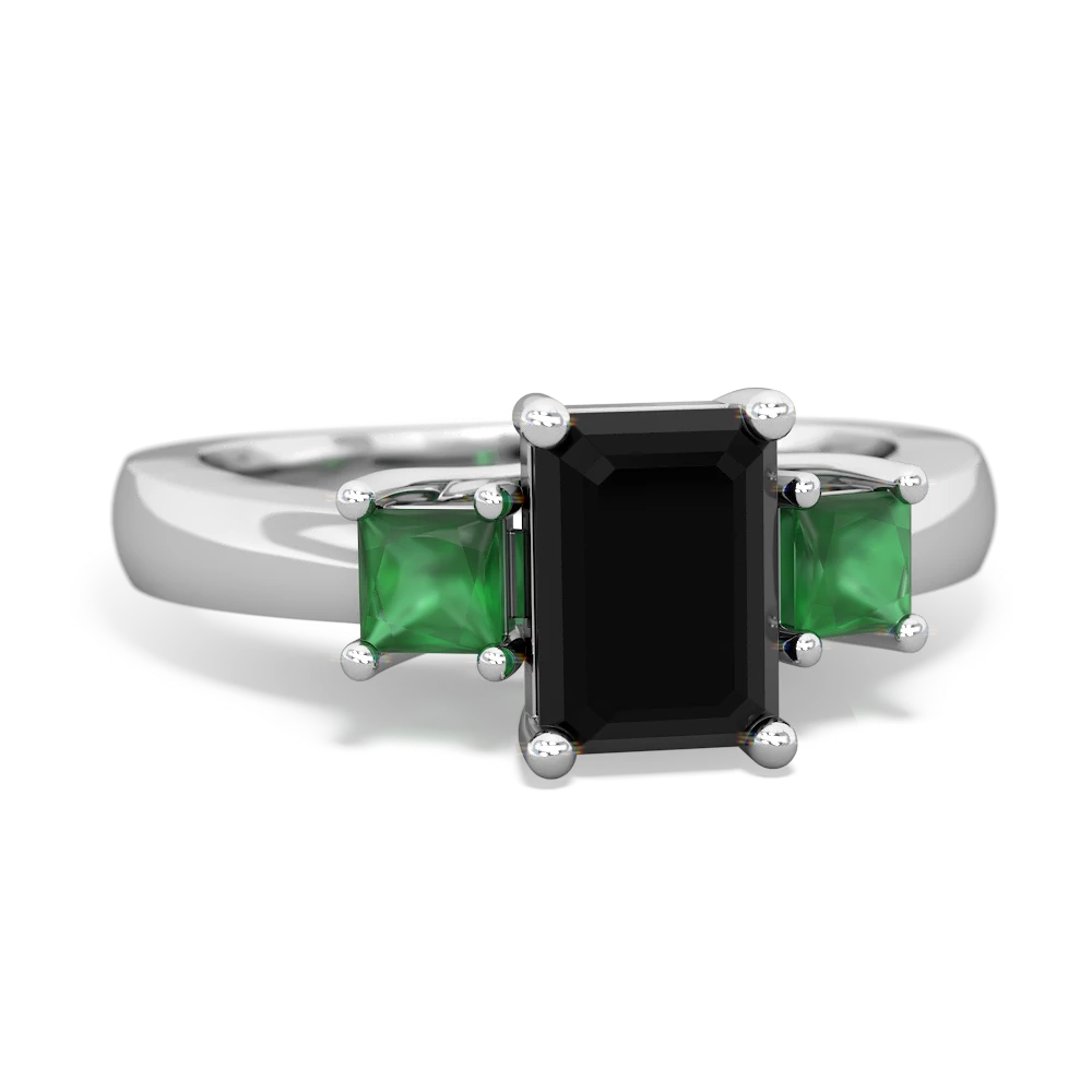Onyx Three Stone Emerald-Cut Trellis 14K White Gold ring R4021