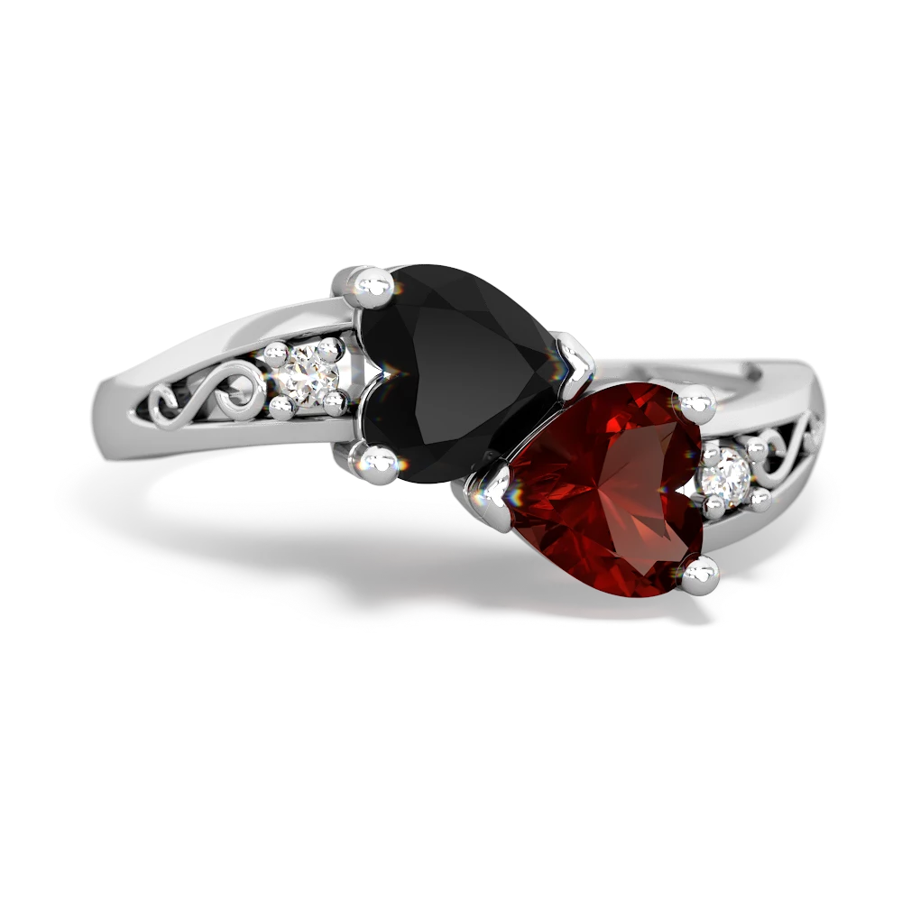 Onyx Snuggling Hearts 14K White Gold ring R2178