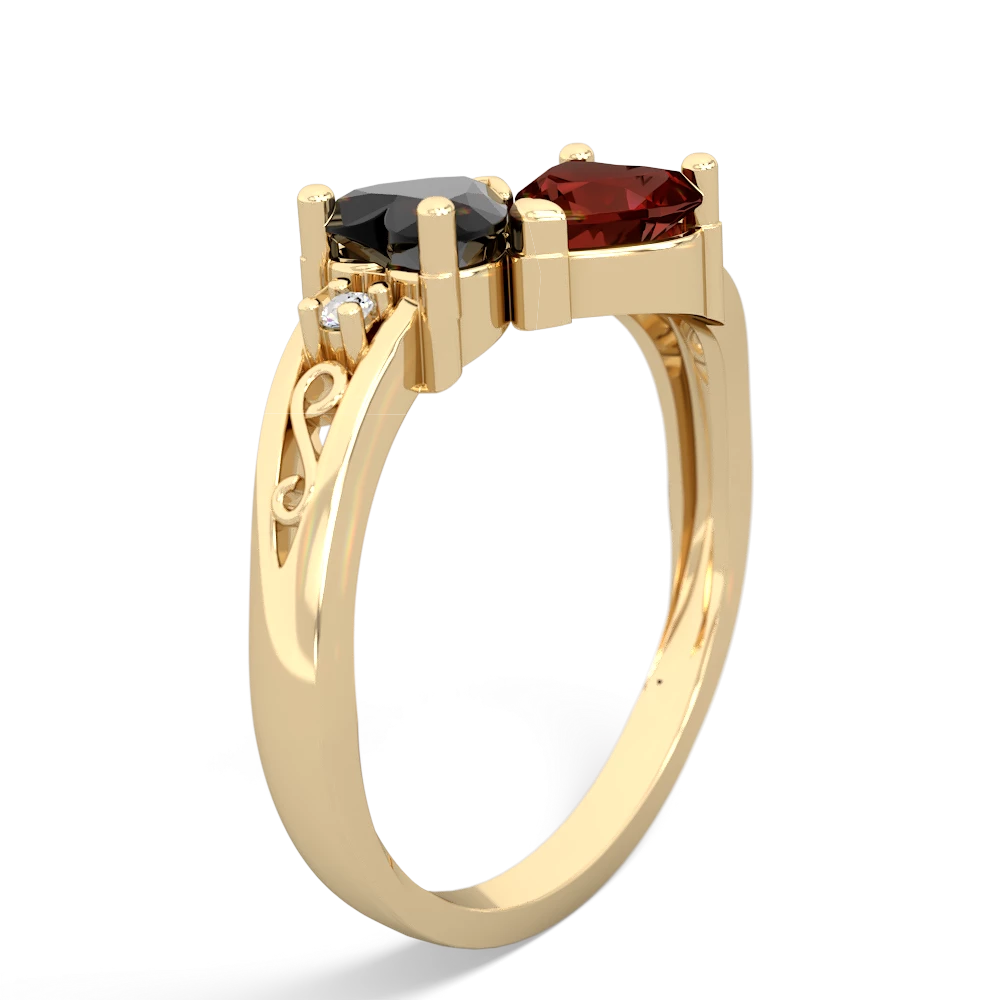 Onyx Snuggling Hearts 14K Yellow Gold ring R2178