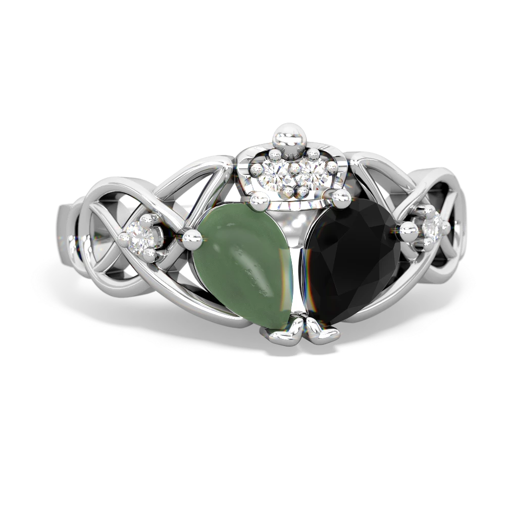 Onyx 'One Heart' Celtic Knot Claddagh 14K White Gold ring R5322