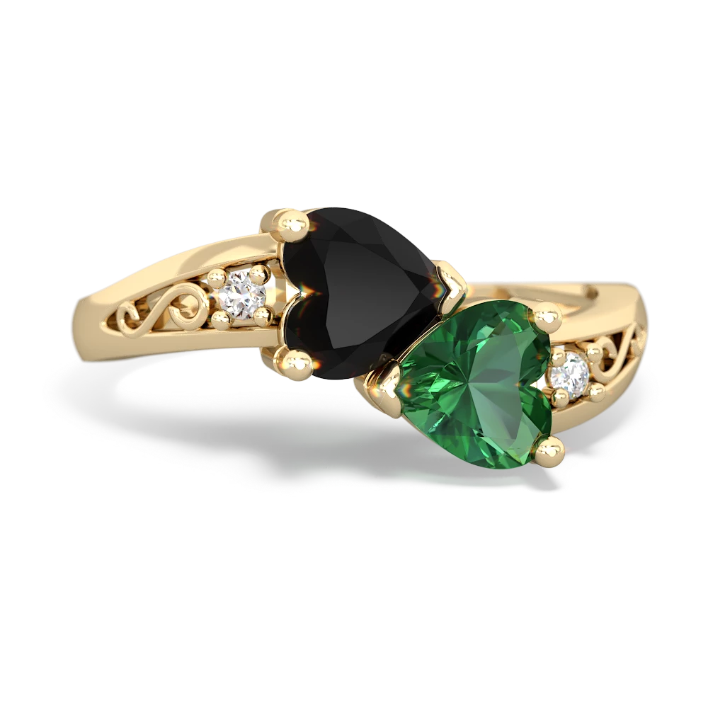 Onyx Snuggling Hearts 14K Yellow Gold ring R2178