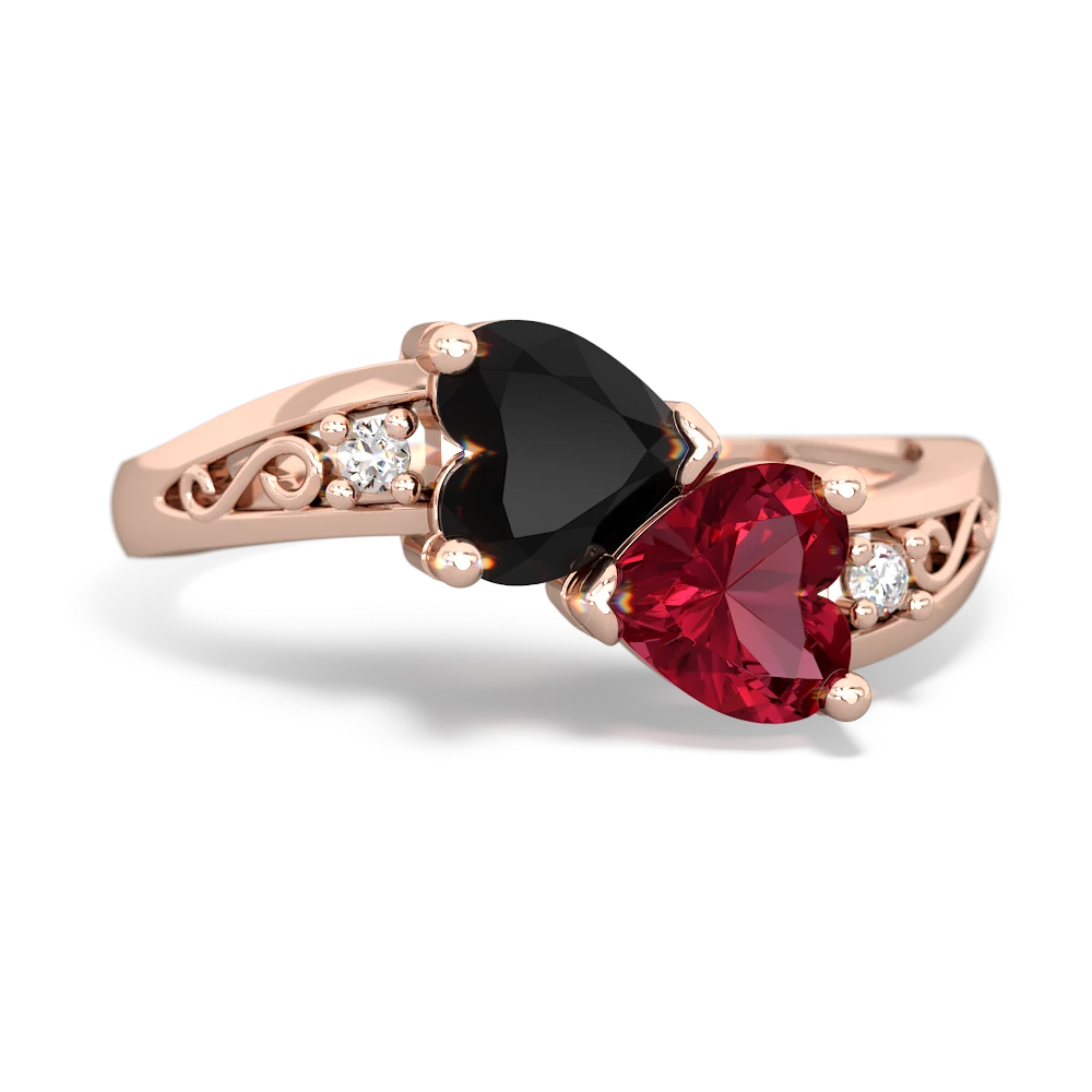 Onyx Snuggling Hearts 14K Rose Gold ring R2178