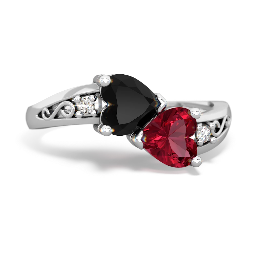 Onyx Snuggling Hearts 14K White Gold ring R2178