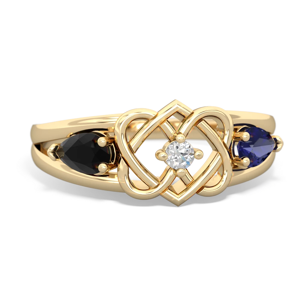 Onyx Hearts Intertwined 14K Yellow Gold ring R5880