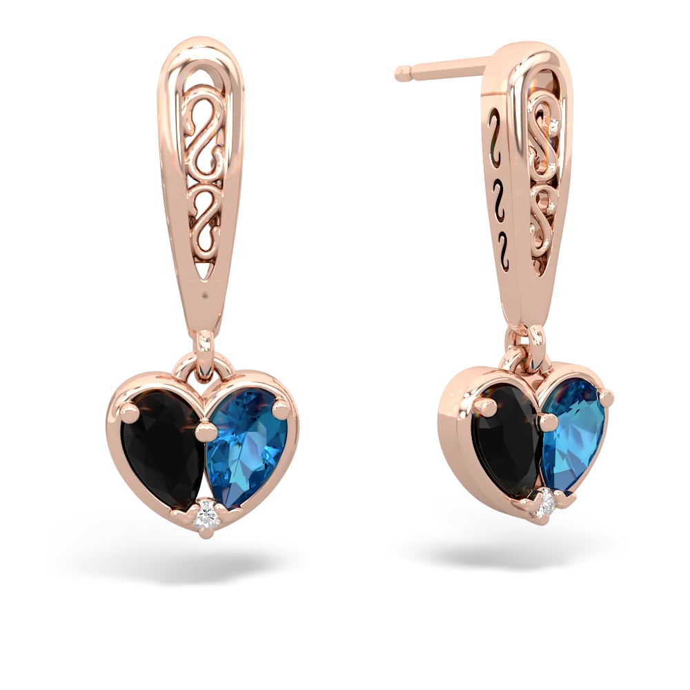 Onyx Filligree Heart 14K Rose Gold earrings E5070