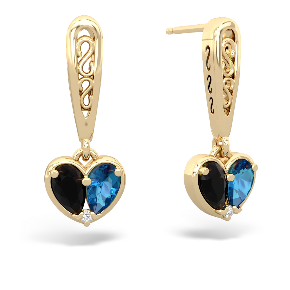 Onyx Filligree Heart 14K Yellow Gold earrings E5070