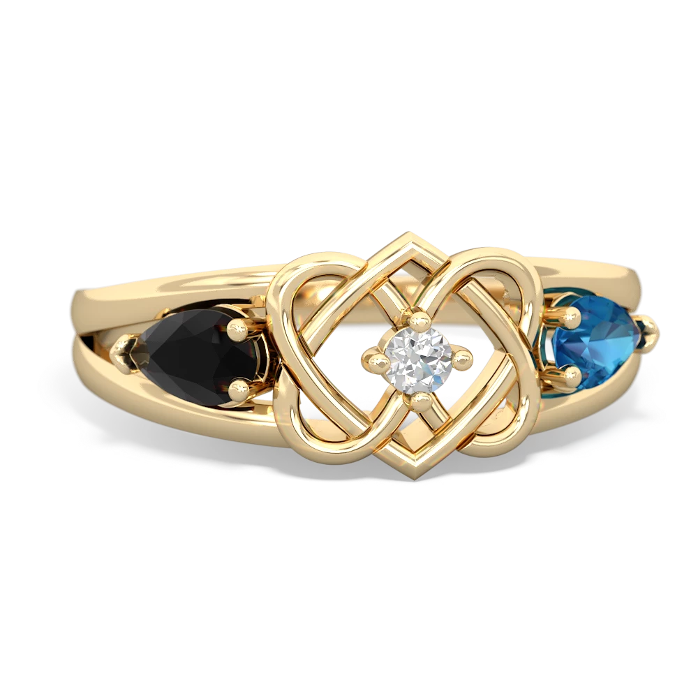 Onyx Hearts Intertwined 14K Yellow Gold ring R5880