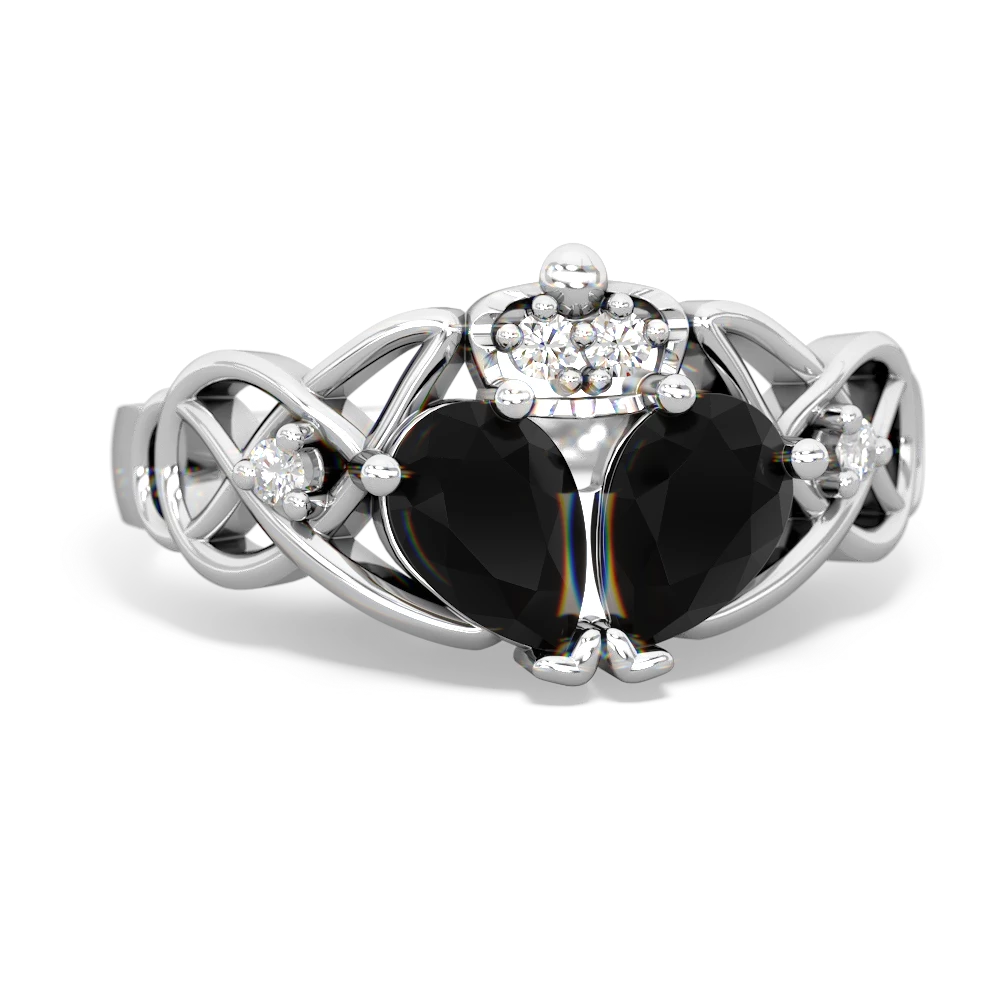 Onyx 'One Heart' Celtic Knot Claddagh 14K White Gold ring R5322