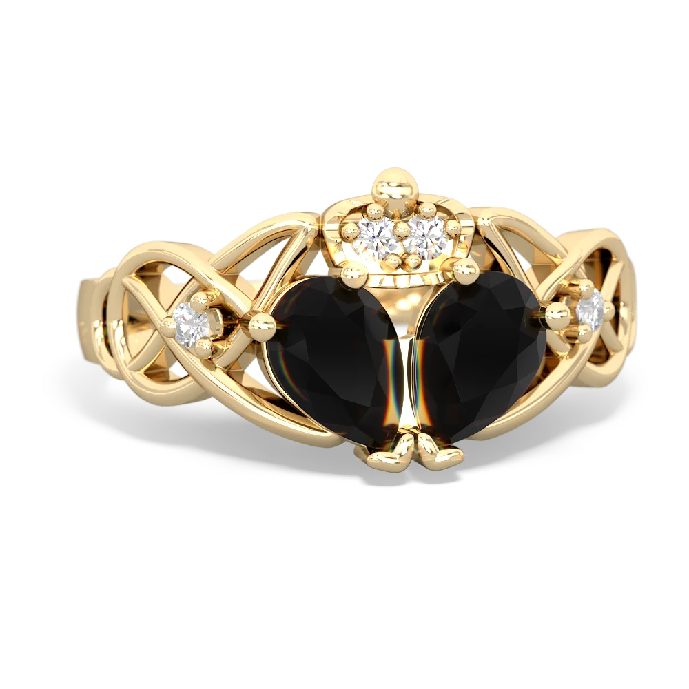 Onyx 'One Heart' Celtic Knot Claddagh 14K Yellow Gold ring R5322