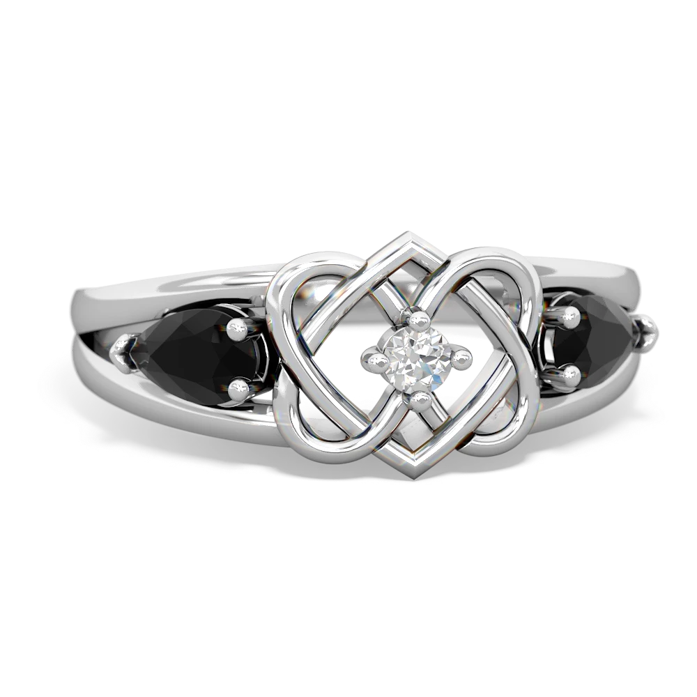 Onyx Hearts Intertwined 14K White Gold ring R5880