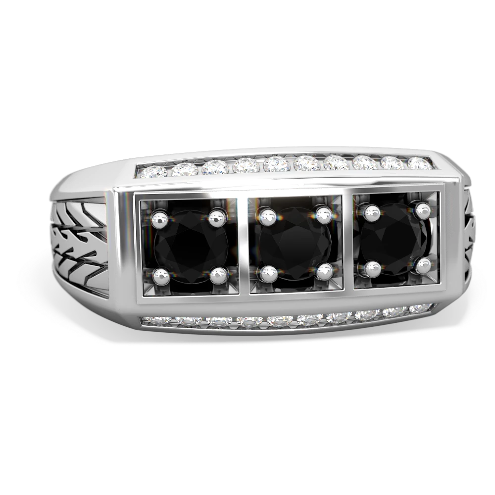 Onyx Three Stone Tire Tread Men's 14K White Gold ring R0520