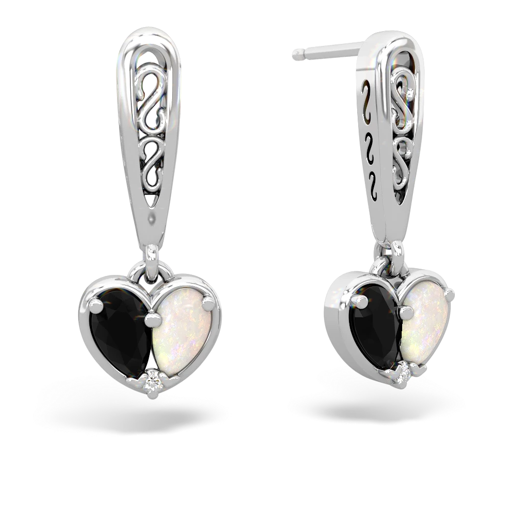 Onyx Filligree Heart 14K White Gold earrings E5070