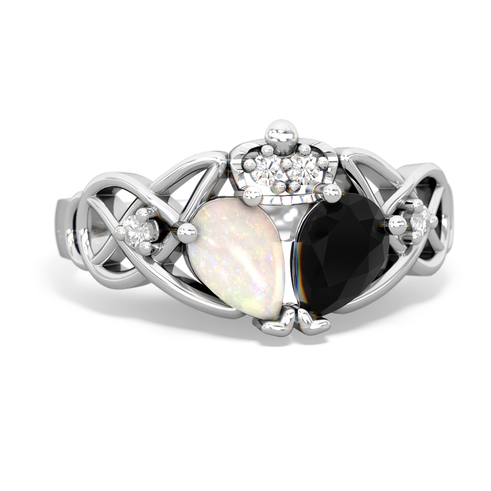 Onyx 'One Heart' Celtic Knot Claddagh 14K White Gold ring R5322