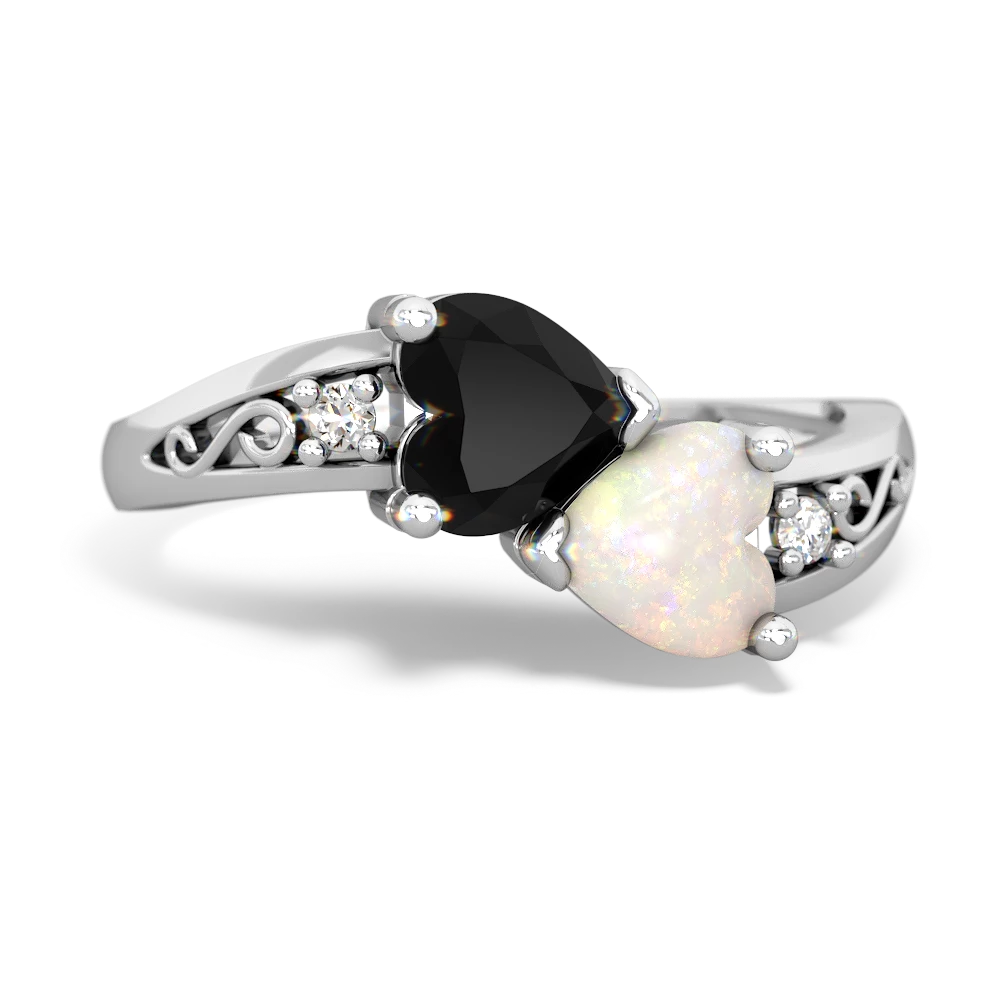 Onyx Snuggling Hearts 14K White Gold ring R2178