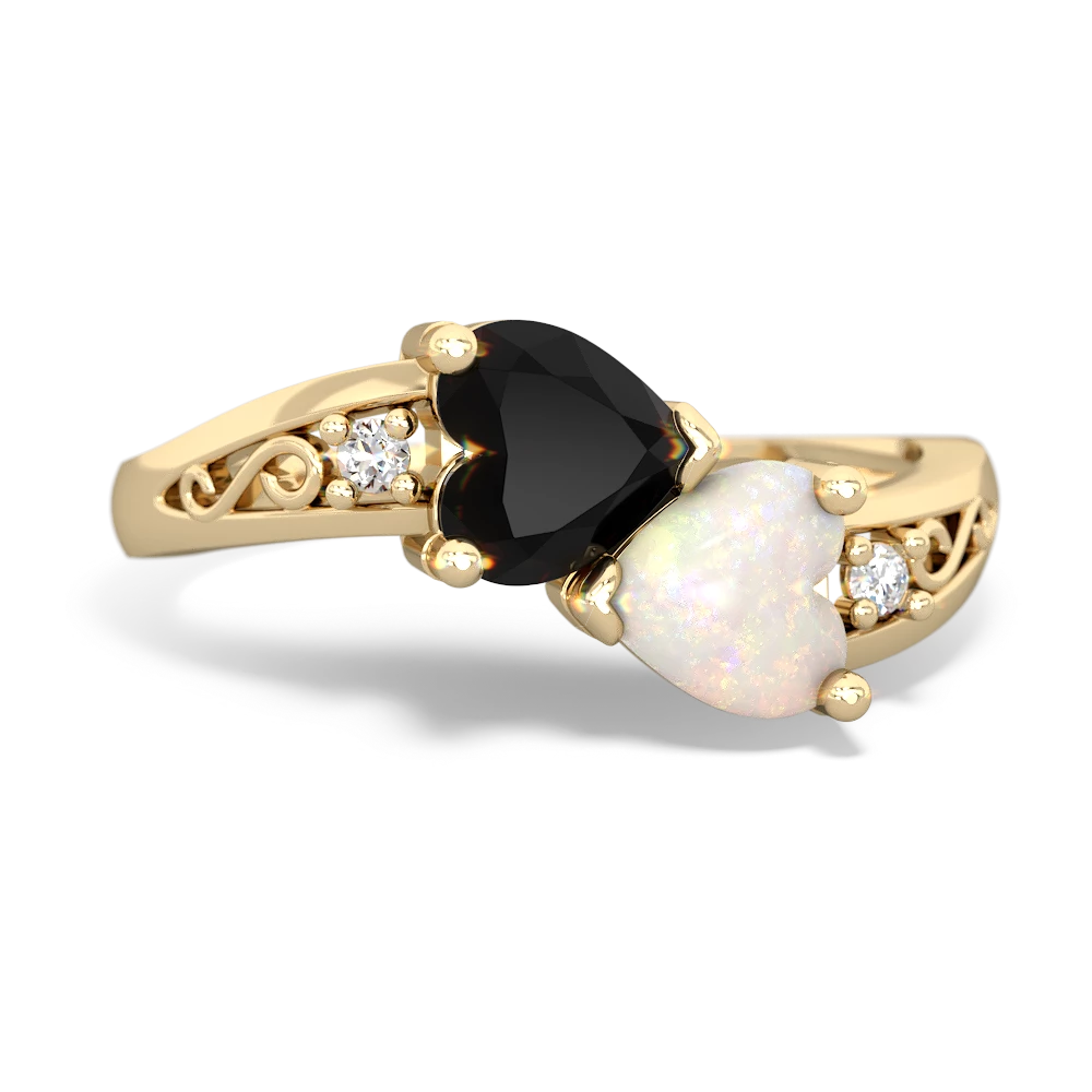 Onyx Snuggling Hearts 14K Yellow Gold ring R2178