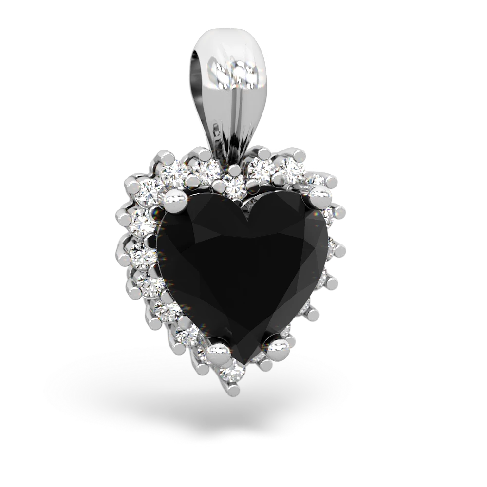 Onyx Sparkling Halo Heart 14K White Gold pendant P0391