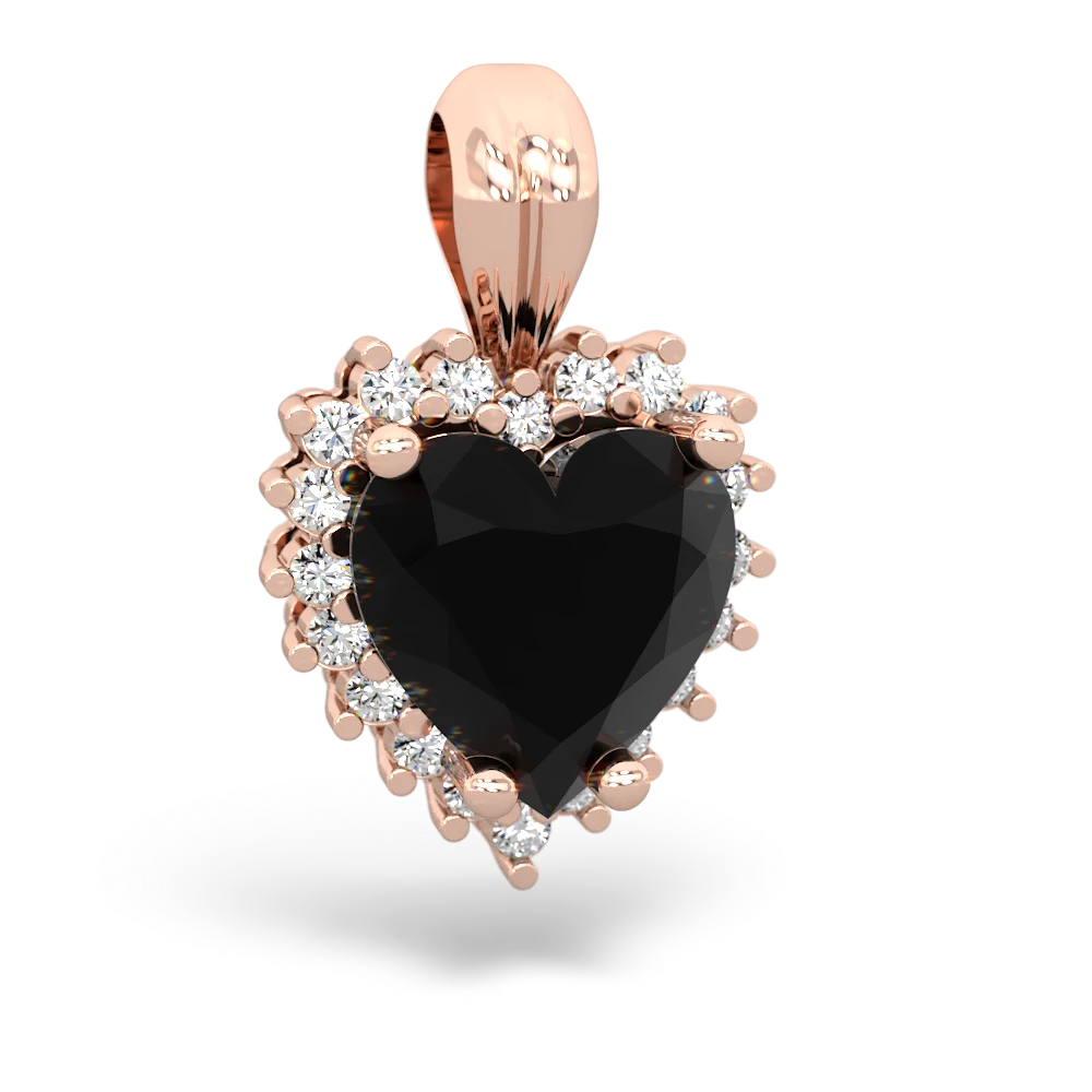 Onyx Sparkling Halo Heart 14K Rose Gold pendant P0391