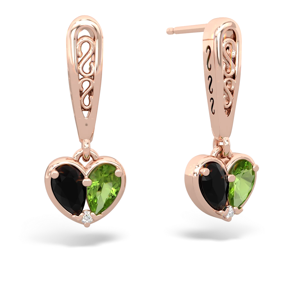 Onyx Filligree Heart 14K Rose Gold earrings E5070