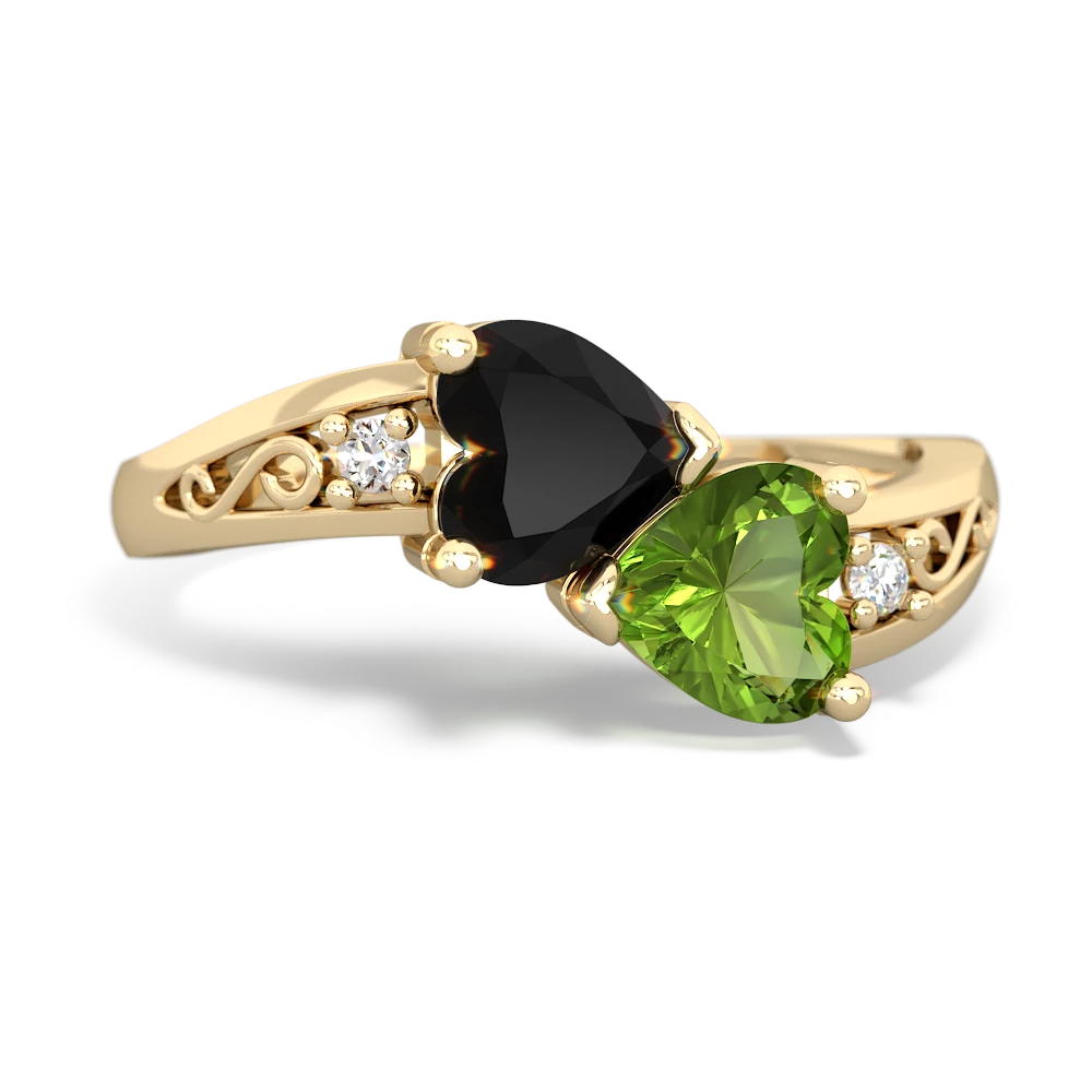 Onyx Snuggling Hearts 14K Yellow Gold ring R2178