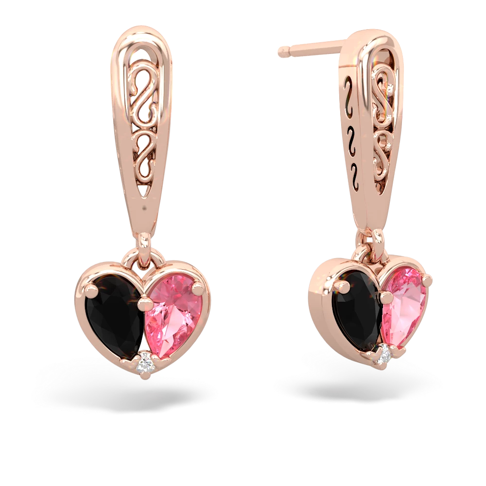 Onyx Filligree Heart 14K Rose Gold earrings E5070