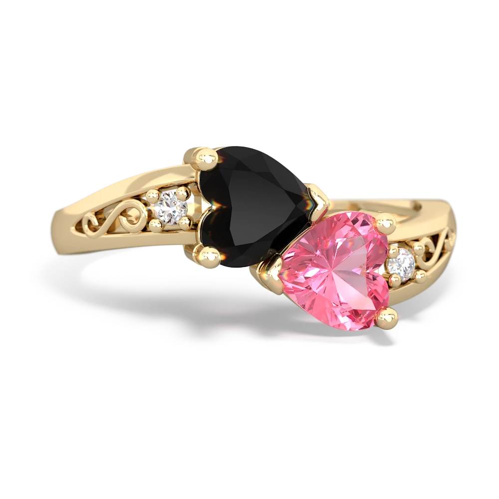 Onyx Snuggling Hearts 14K Yellow Gold ring R2178