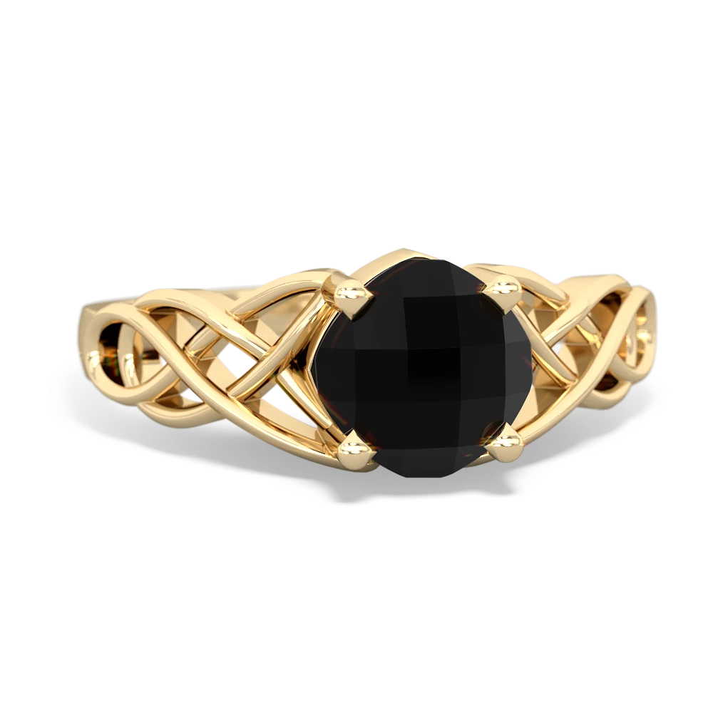 Onyx Checkerboard Cushion Celtic Knot 14K Yellow Gold ring R5000