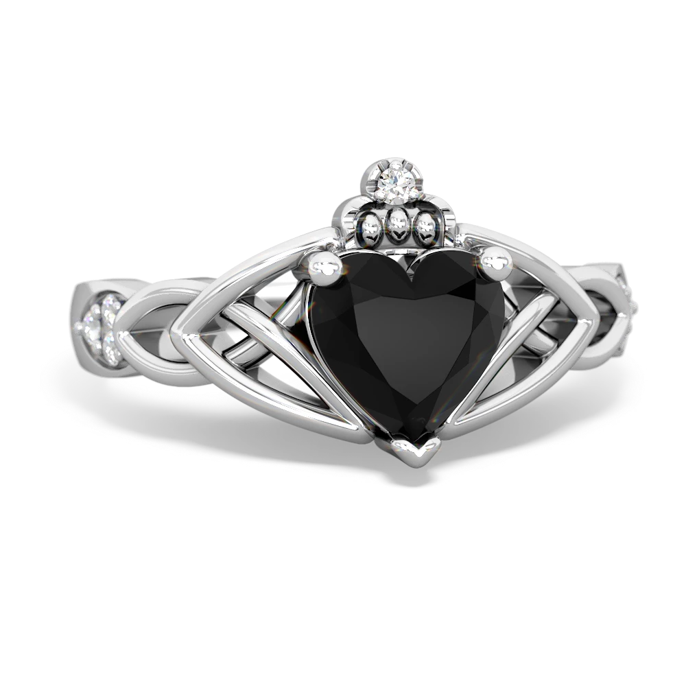 Onyx Claddagh Celtic Knot Diamond 14K White Gold ring R5001